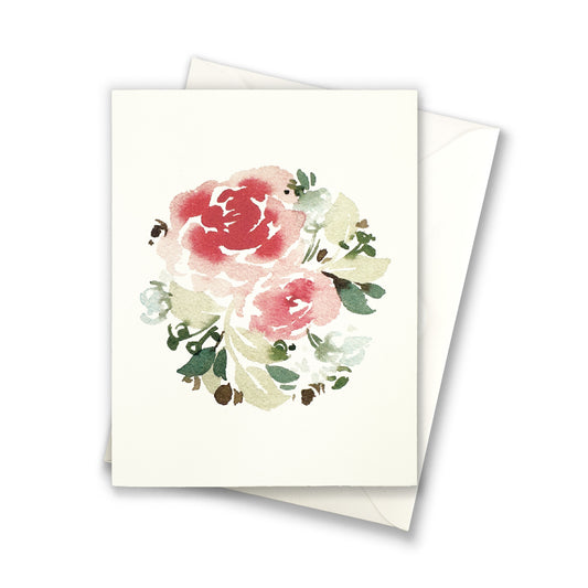 Muted red roses with light blue flowers greeting card