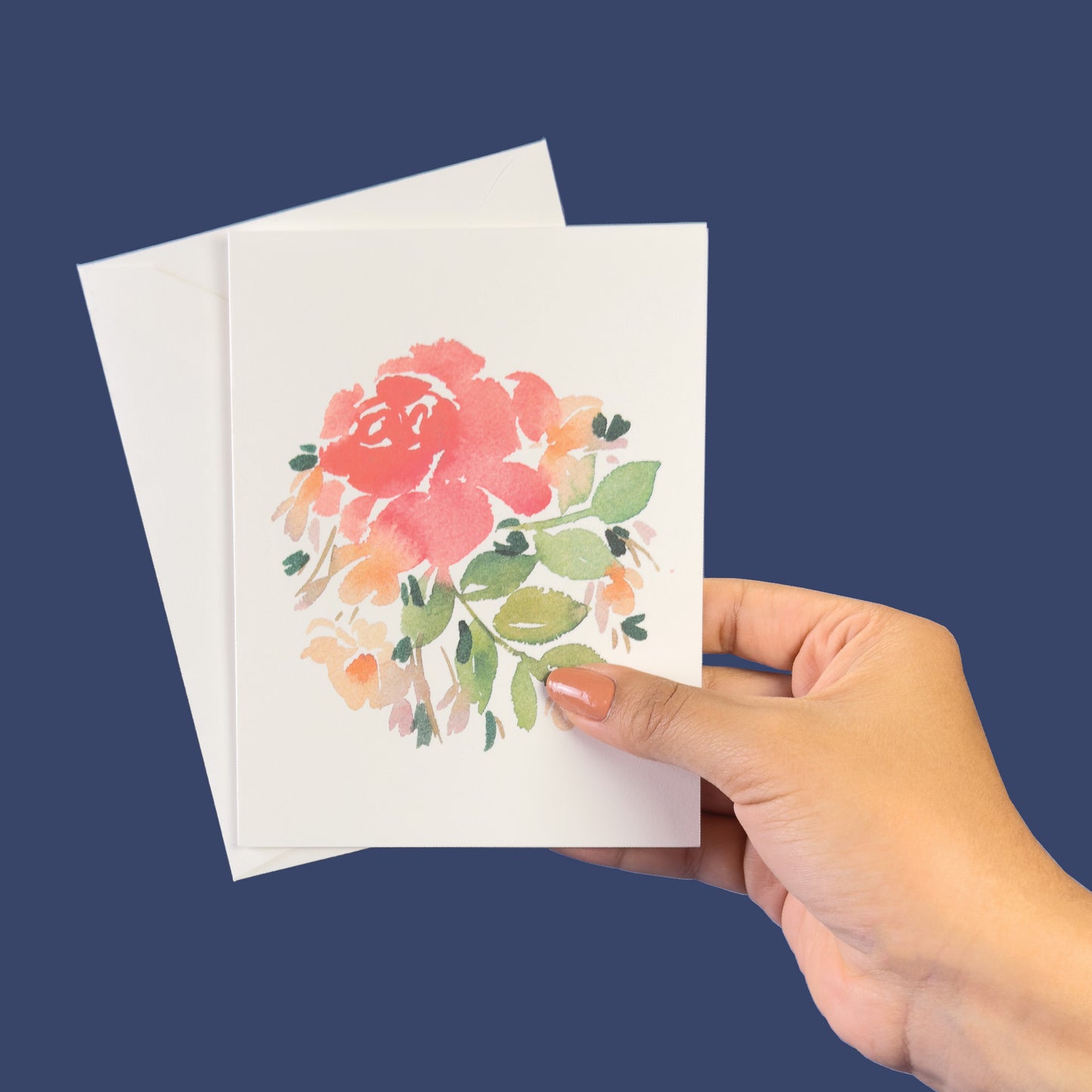 Warm red rose with white flowers greeting card