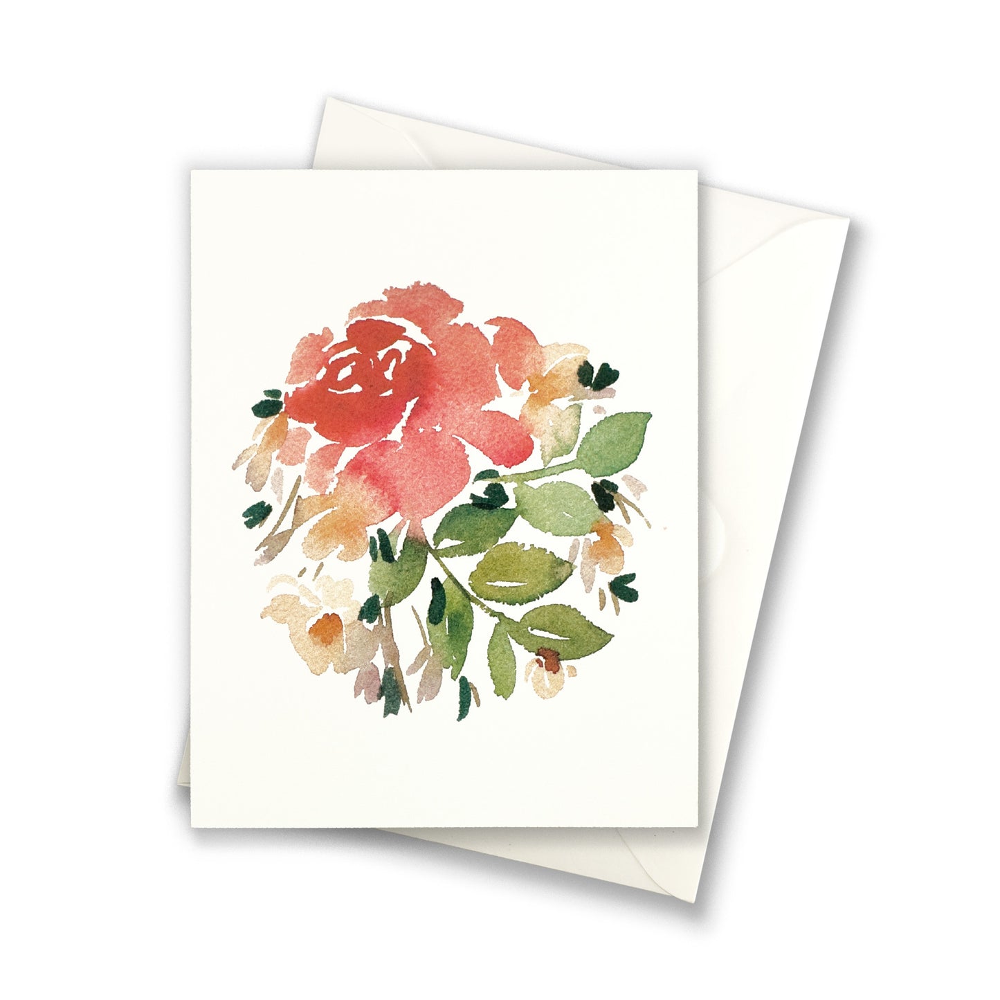 Warm red rose with white flowers greeting card