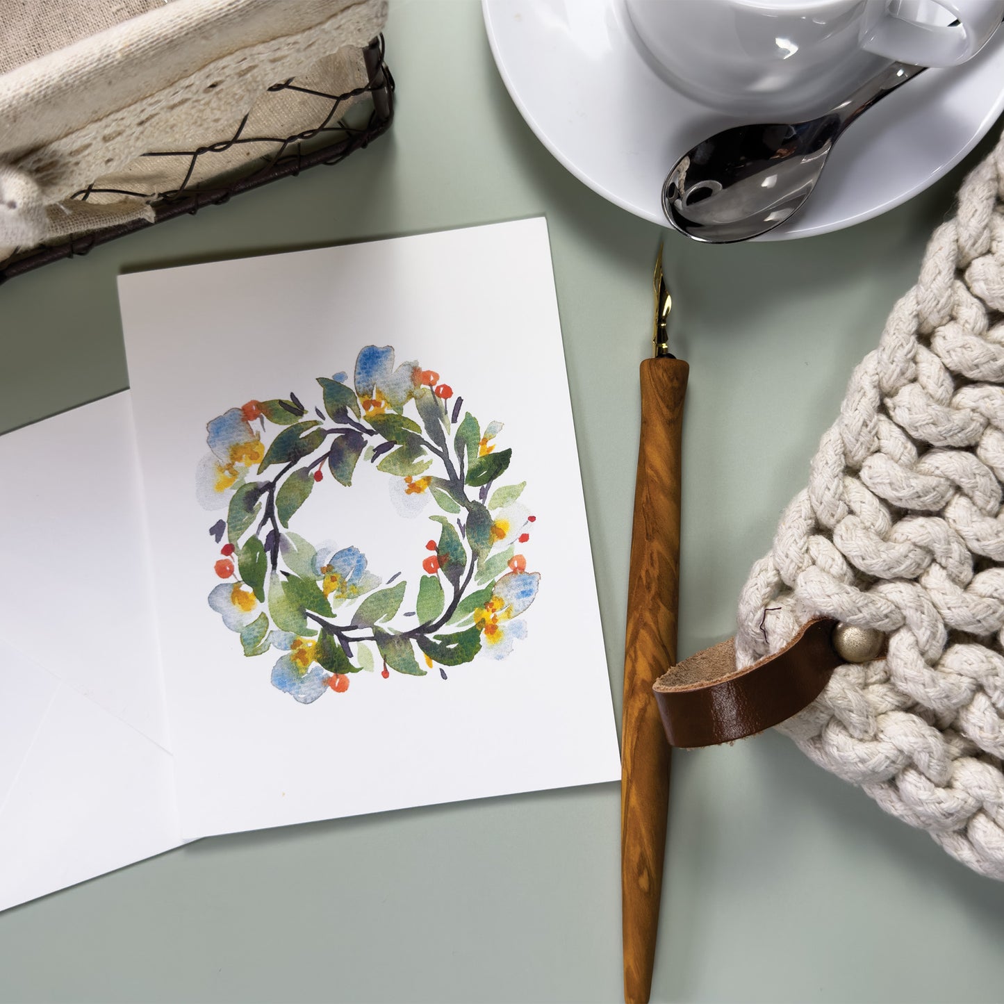 Wreath with White Flowers and Orange Berries Greeting Card